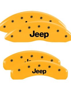 MGP 4 Caliper Covers Engraved Front & Rear 11-15 Jeep Grand Cherokee Yellow Finish Black Jeep Logo