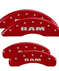 MGP 4 Caliper Covers Engraved Front & Rear 2019 Ram 1500 Red Finish Silver RAM Logo