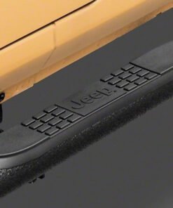 Officially Licensed Jeep 07-18 Wrangler JK 4Dr 3In Round Curved Side Step Bars w/ Jeep Logo-Txt Blk