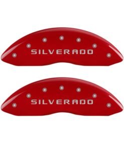 MGP 4 Caliper Covers Engraved Front & Rear Silverado Red finish silver ch