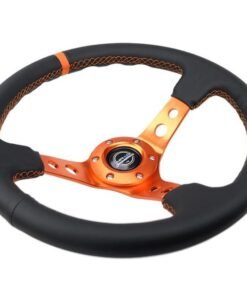 NRG Reinforce Steering Wheel (350mm / 3in. Deep) Blk Leather, Orange Center Mark w/ Orange Stitching