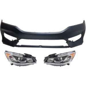 New Front Bumper Cover with Headlights kit 3 PC for 2016-2017 Honda Accord LX