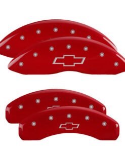 MGP 4 Caliper Covers Engraved F & R Bowtie Red Finish Silver Char 2019 Chevrolet Silverado 1500