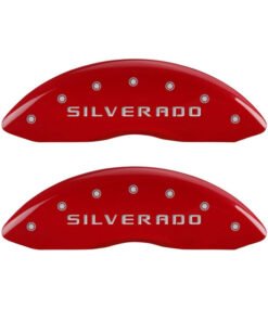 MGP Front set 2 Caliper Covers Engraved Front Silverado Red finish silver ch