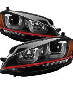 Spyder Volkswagen Golf VII 14-16 Projector Headlights DRL LED Red Stripe Blk PRO-YD-VG15-RED-DRL-BK