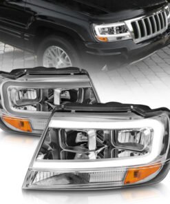 ANZO 1999-2004 Jeep Grand Cherokee Crystal Headlights w/ Light Bar Chrome Housing