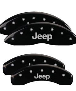 MGP 4 Caliper Covers Engraved Front & Rear 11-18 Jeep Grand Cherokee Black Finish Silver Jeep Logo