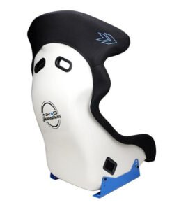 NRG FRP Bucket Seat - White Finish with Arrow Embroidery And Blue Side Mount Bracket
