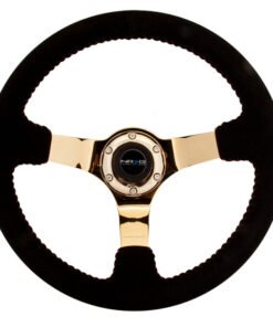 NRG Reinforced Steering Wheel (350mm / 3in. Deep) Blk Suede w/Red BBall Stitch & Chrome Gold 3-Spoke