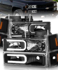 ANZO 88-98 Chevrolet C1500 Crystal Headlights w/ Light Bar Black Housing w/ Signal Side Markers 8Pcs