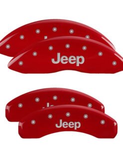 MGP 4 Caliper Covers Engraved Front & Rear 11-18 Jeep Grand Cherokee Red Finish Silver Jeep Logo