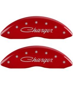 MGP 4 Caliper Covers Engraved Front & Rear Cursive/Charger Red finish silver ch