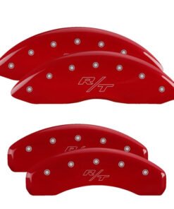 MGP 4 Caliper Covers Engraved Front & Rear 11-18 Dodge Durango Red Finish Silver R/T Vintage Logo